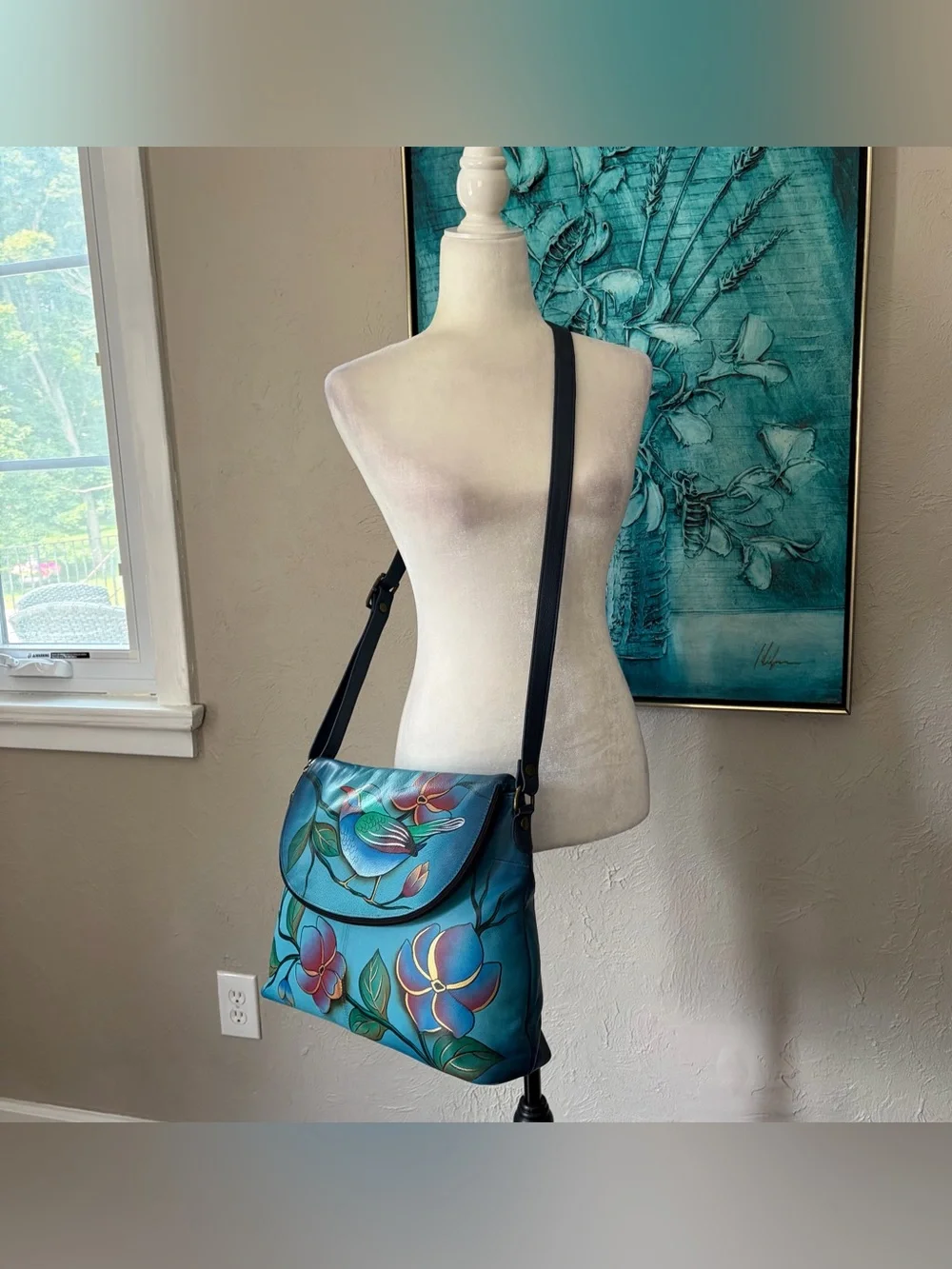 Anna by Anuschka Hand-painted Leather Blue Bird Crossbody Shoulder Bag Large - Picture 4 of 9